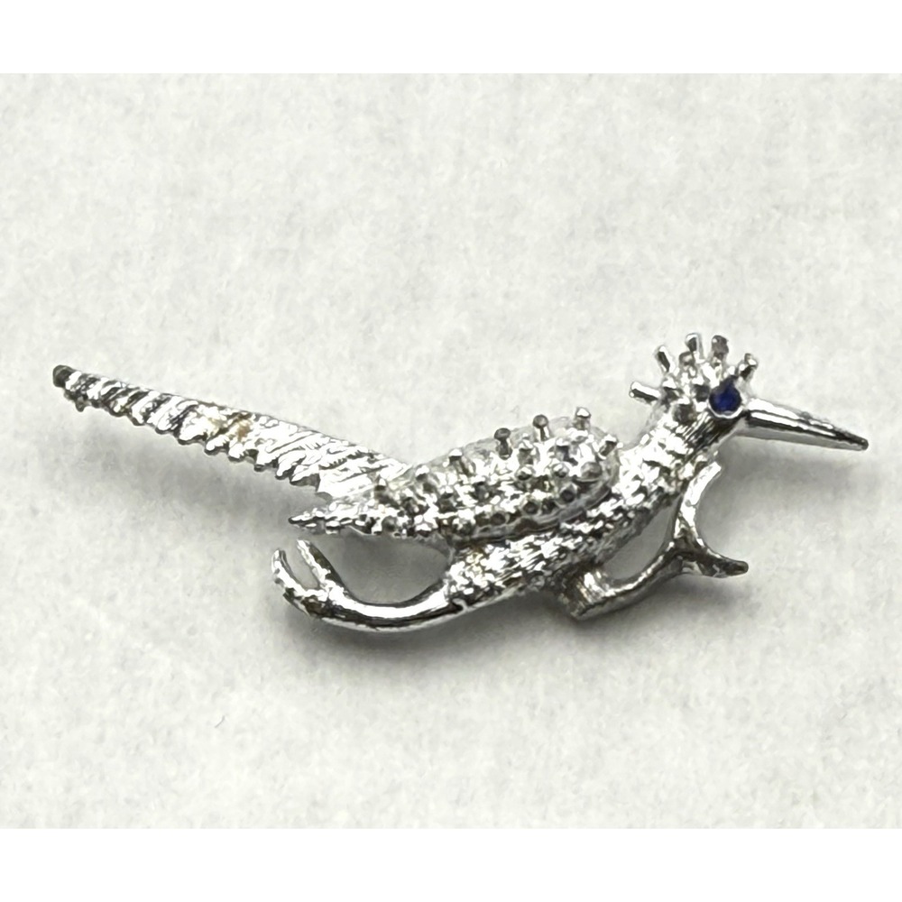 Vintage Roadrunner Bird Brooch Blue Rhinestone Eye Silver Tone